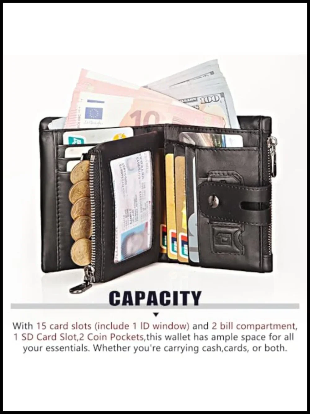 Anti-Theft Men's Genuine Leather Wallet with Chain, RFID Blocking Bifold